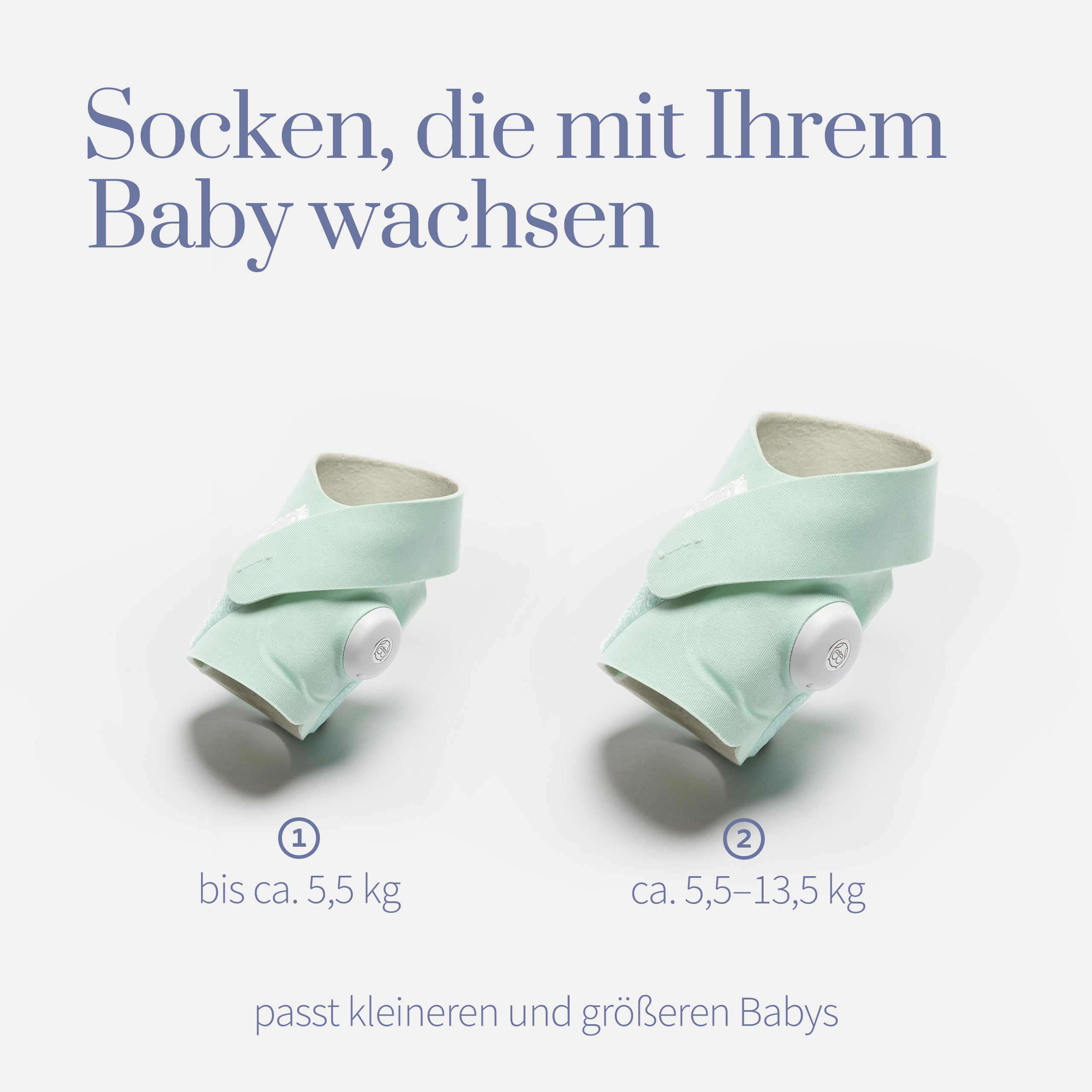 Das Owlet Dream Sock Set Mint (Gr. 1 + Gr. 2) von Owlet enthält zwei mintgrüne Babysocken mit aufgesetzten weißen Fühlern, passend für bis zu 5,5 kg und 5,5-13,5 kg - flexible Sockengrößen, die mit Ihrem Baby wachsen.