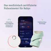 Ein Werbebild für Owlet Dream Sock: Medizinisch zertifiziertes Pulsoximeter für Babys von Owletcare.de. Es enthält eine mobile App, die Herzfrequenz und Sauerstoffwerte anzeigt, ein tragbares Babyphone und einen Text auf Deutsch, der Funktionen wie Pulserkennung, Sauerstoffsättigung und prädiktive Schlaftechnologie mit erweiterter Babyüberwachung beschreibt.