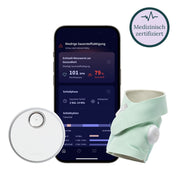 Das Setup zeigt ein Babyphone mit einem Smartphone, das eine Echtzeitüberwachung der Vitalwerte anzeigt, neben dem runden Sensorgerät von Owletcare.de mit der Aufschrift „Owlet“ und einer Owlet Dream Sock aus mintgrünem Stoff mit einem daran befestigten Pulsoximeter für Babys. In der oberen rechten Ecke steht auf einem runden Schild „Medizinisch zertifiziert“.