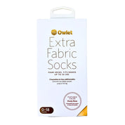 Owlet Dream Sock Set Mint (Gr. 1 + Gr. 2) von Owlet kommt in einer weißen Verpackung mit goldenen Details, enthält vier Socken für Babys von 0-18 Monaten (bis zu 30 lbs) und bietet mintfarbene Ersatzsocken.