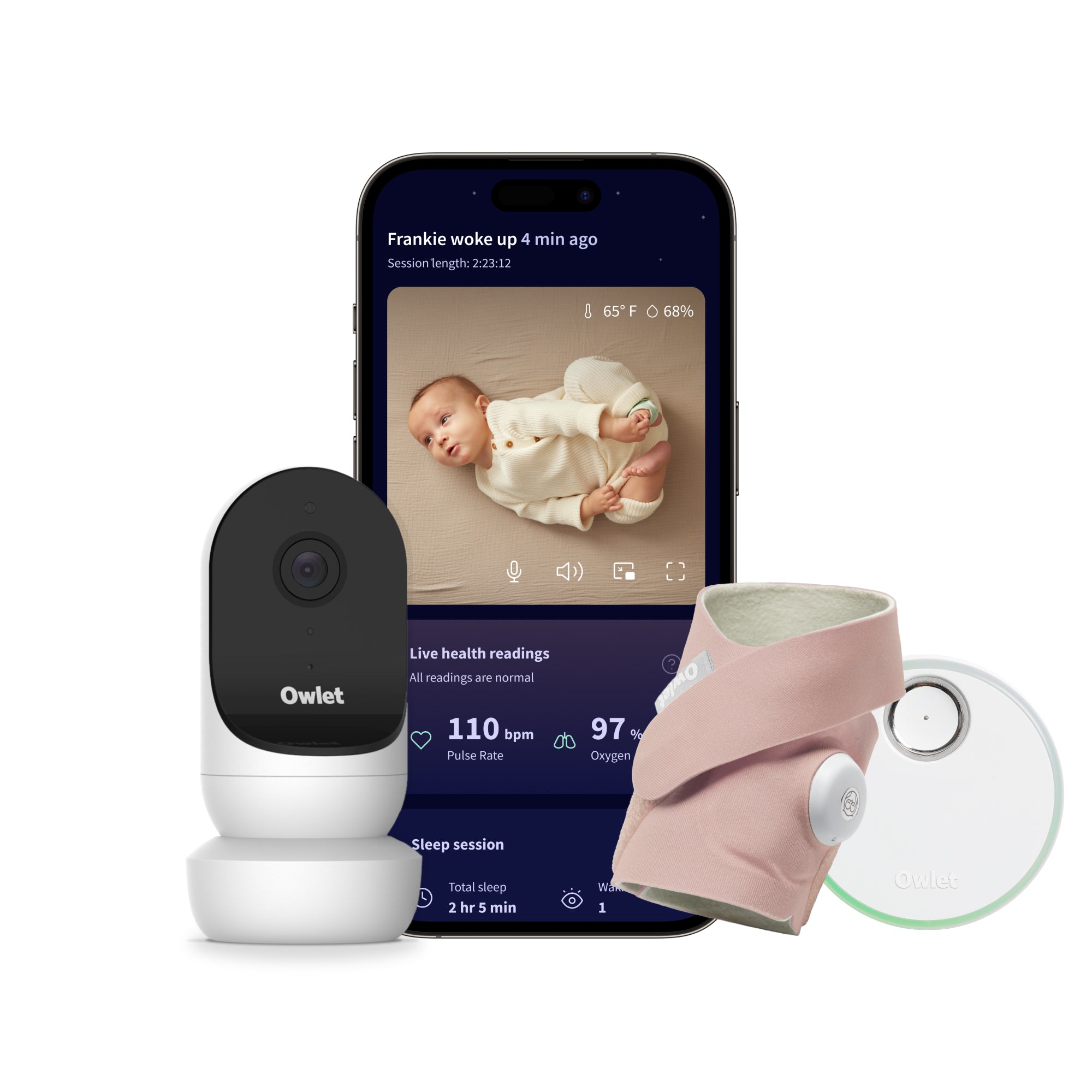 Das Owletcare.de Dream Bundle: Dream Sock + Cam 2 kombiniert eine WiFi-Kamera, eine Stoffsensor-Socke und eine Basis, um Live-Videos und Gesundheitsdaten der Baby-Überwachung auf Ihr Smartphone zu übertragen, damit Sie sich keine Sorgen machen müssen.