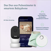 Deutsche Anzeige für das Owletcare.de Dream Bundle: Dream Sock + Cam 2 - intelligente Baby-Überwachung mit WiFi-Kamera, Pulsoximeter und App für Gesundheitsdaten (Puls, Sauerstoff). Hervorgehoben werden HD-Video und zertifizierte Medizingeräte.