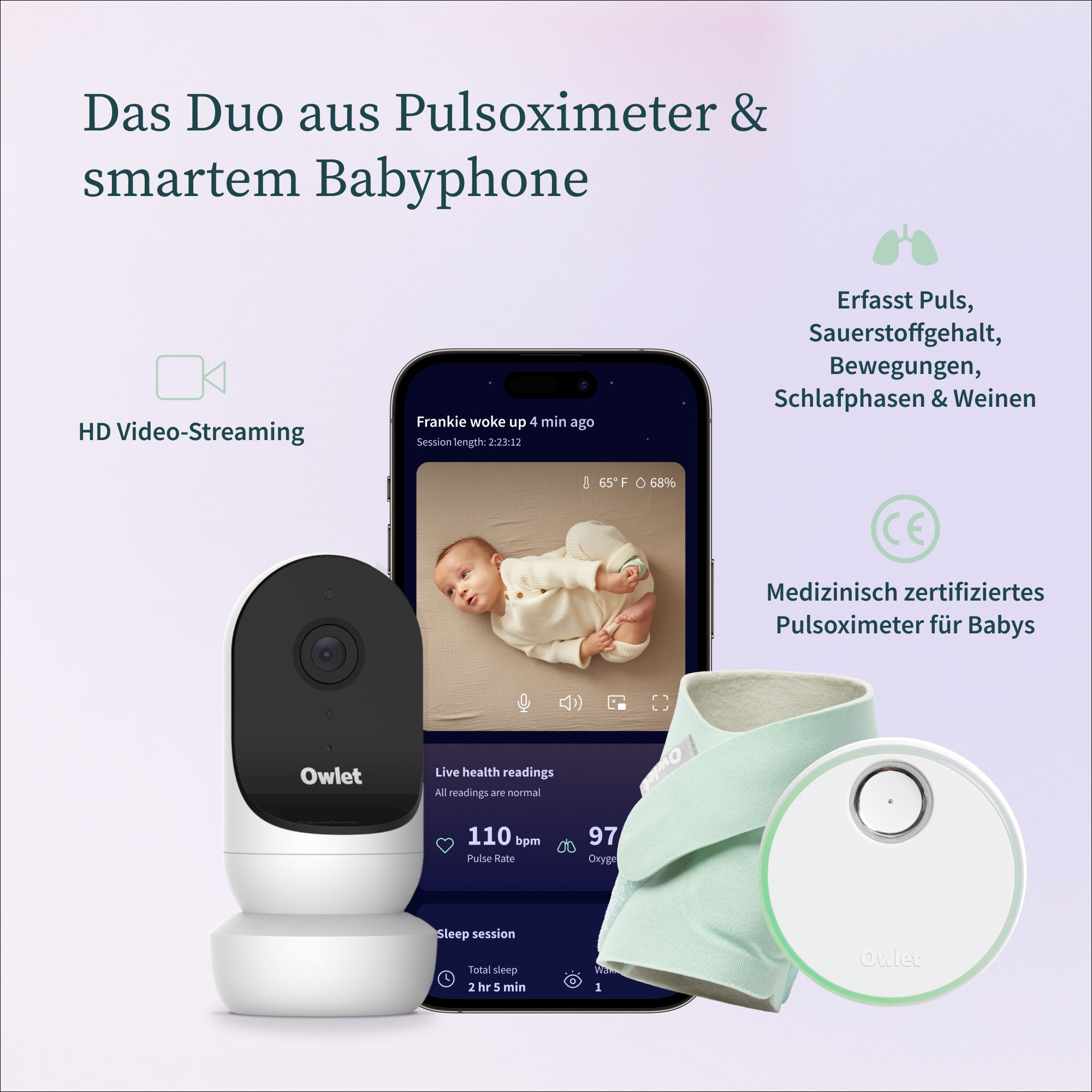 Deutsche Anzeige für das Owletcare.de Dream Bundle: Dream Sock + Cam 2 - intelligente Baby-Überwachung mit WiFi-Kamera, Pulsoximeter und App für Gesundheitsdaten (Puls, Sauerstoff). Hervorgehoben werden HD-Video und zertifizierte Medizingeräte.
