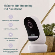 Das Owlet Dream Bundle: Dream Sock + Cam 2 von Owletcare.de steht auf einem Holzregal neben einer Pflanze und bietet HD-Streaming, Nachtsicht, 130°-Weitwinkel, AES-128-Bit-Verschlüsselung sowie Benachrichtigungen für die Babyüberwachung.