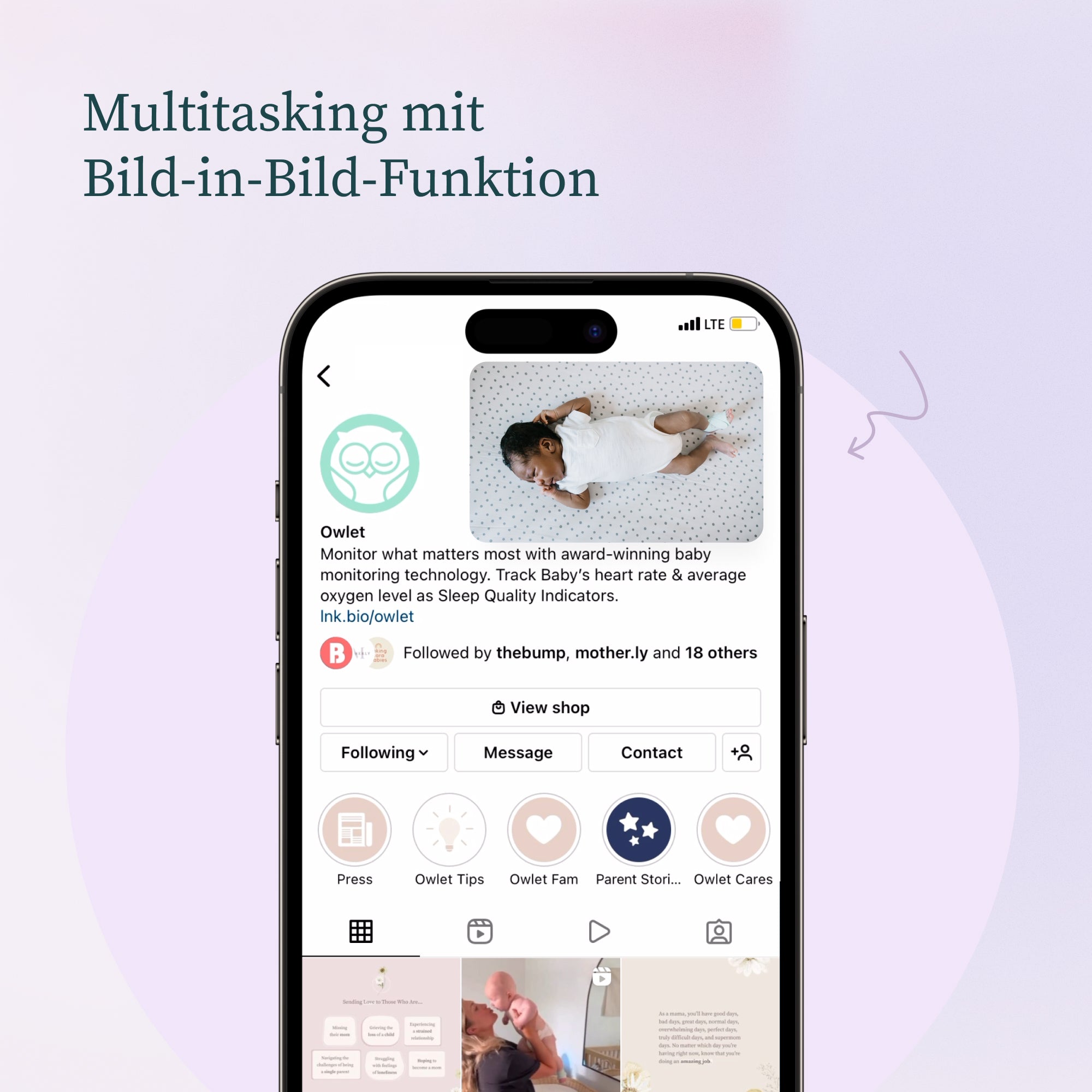 Ein Smartphone zeigt das Instagram-Profil von Owletcare.de, auf dem das Owlet Dream Bundle vorgestellt wird: Dream Sock + Cam 2. Darüber steht "Multitasking mit Bild-in-Bild-Funktion" auf Deutsch vor einem sanften lila Hintergrund.