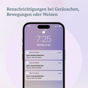 Das Owletcare.de Dream Bundle: Dream Sock + Cam 2 sendet Benachrichtigungen per App bei Geräuschen, Bewegung oder Weinen - ideal für die Babyüberwachung mit WiFi-Kamera oder Dream Sock. Der deutsche Text lautet: "Benachrichtigungen bei Geräuschen, Bewegungen oder Weinen.