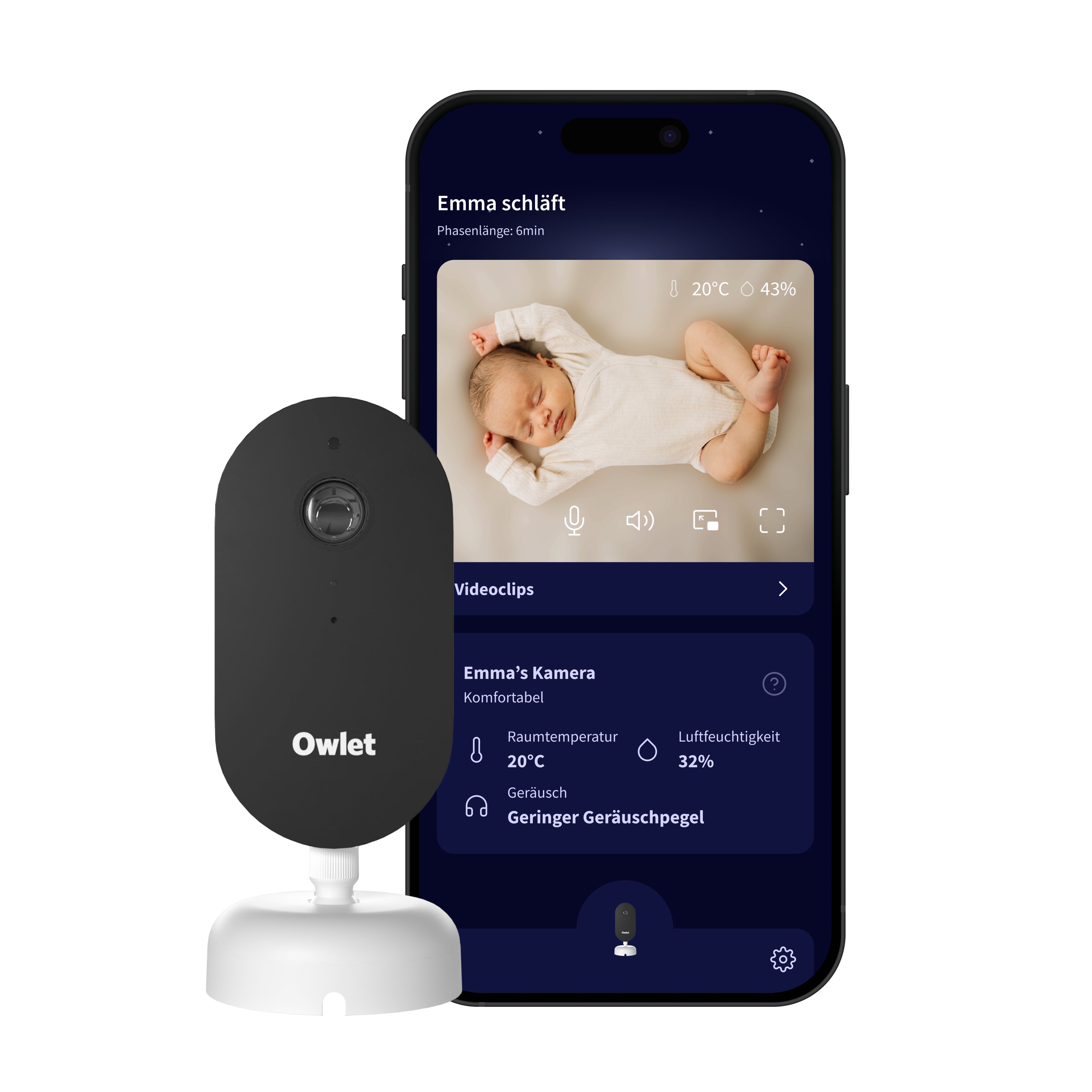 Eine schwarze Owletcare.de Owlet Dream Sight: Neue 2K HD Babyphone Kamera sitzt neben einem Smartphone und zeigt ein 2K-HD-Live-Video eines schlafenden Babys mit Angaben zur Raumtemperatur und Luftqualität.