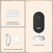 Drei Artikel sind abgebildet: ein Wandmontageset mit Kabelabdeckungen, eine Owletcare.de Owlet Dream Sight: Neue 2K HD Babyphone Kamera auf einem Ständer und ein USB-Kabel mit einem deutschen Steckeradapter.