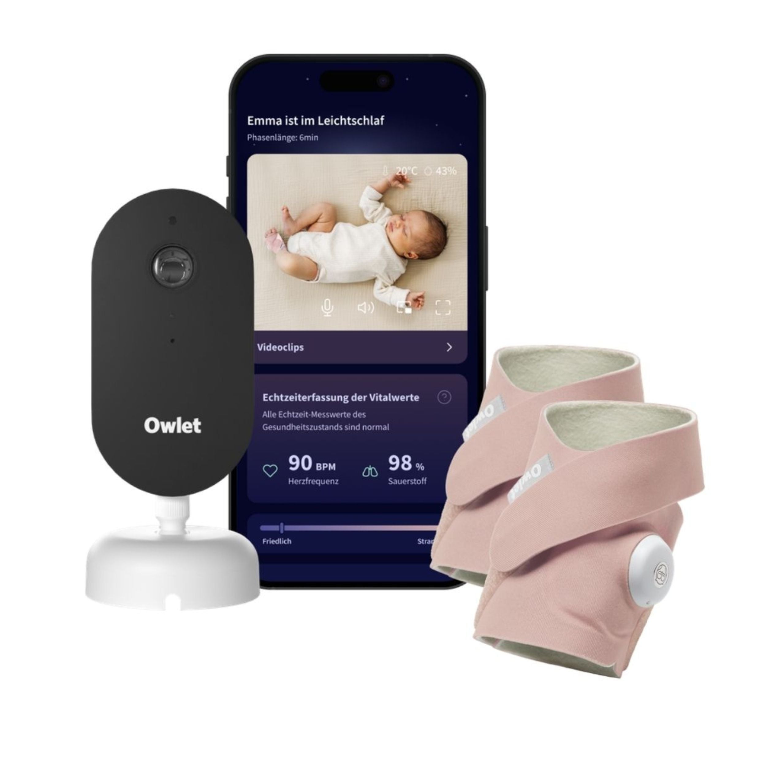 Das „Owletcare.de Owlet Dream Duo mit Ersatzsocke“, bestehend aus einem schwarzen Babyfon, einem Smartphone mit Anzeige eines schlafenden Babys und Gesundheitswerten sowie zwei pinkfarbenen „Dream Sock“-Babysocken mit Sensoren zur Schlafanalyse und Überwachung der Vitalwerte, ist gemeinsam vor weißem Hintergrund abgebildet.
