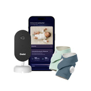Das „Owlet Dream Duo“ von Owletcare.de mit Ersatzsocke, bestehend aus einer Babyphone-Kamera, zwei Fußsensoren aus Stoff und einem Smartphone, auf dem die Gesundheitsdaten des Babys sowie ein Live-Video angezeigt werden, wird hier gemeinsam abgebildet.