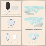 Lieferumfang des Owletcare.de Owlet Dream Duo mit Ersatzsocke: Kamera mit Befestigungselementen, Basisstation, vier Stoffsocken in verschiedenen Größen, Netzkabel mit deutschem Adapter sowie Sensor für die Socke. Heller, beiger Hintergrund.