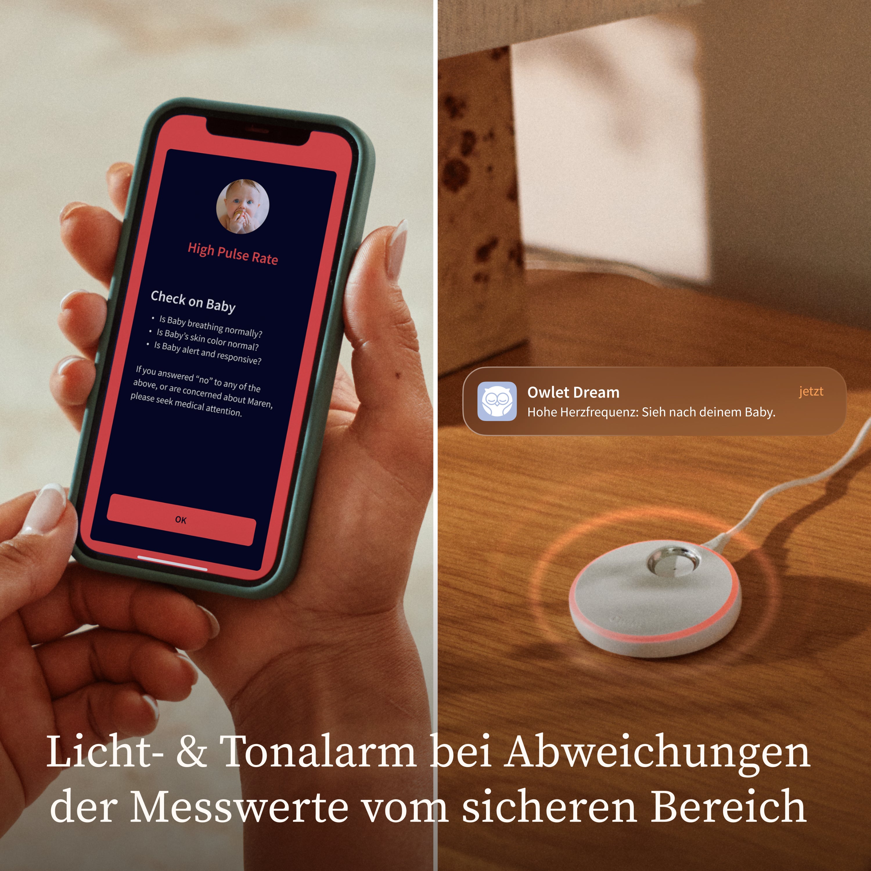 Eine Person hält ein Smartphone in der Hand, auf dem eine Warnmeldung von Owletcare.de wegen einer hohen Pulsfrequenz des Owlet Dream Duo mit Ersatzsocke angezeigt wird. Daneben befindet sich das runde Sensorgerät mit einem leuchtenden Rand. Der Text darunter lautet: „Licht- und Tonalarm bei Abweichungen der Messwerte vom sicheren Bereich.“.