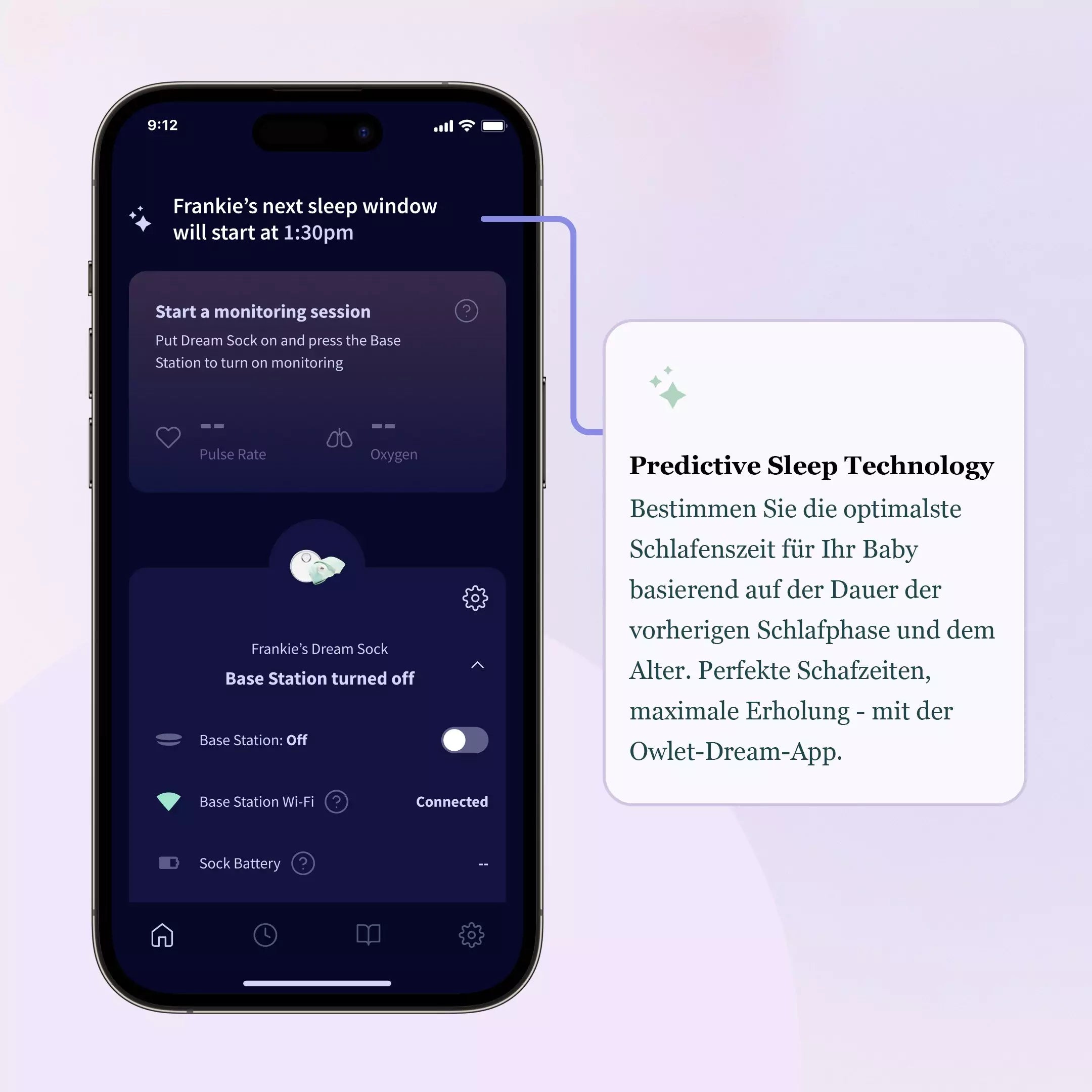 Ein Mobiltelefonbildschirm zeigt eine App-Oberfläche zur Überwachung des Babyschlafs. Der Text hebt die „Prognoseschlaftechnologie“ hervor, um optimale Schlafzeiten basierend auf vergangenen Mustern zu bestimmen. Abschnitte bieten Optionen zum Starten einer Überwachungssitzung und den Status der Geräte, wie ein Babyphone oder Baby Pulsoximeter. Text