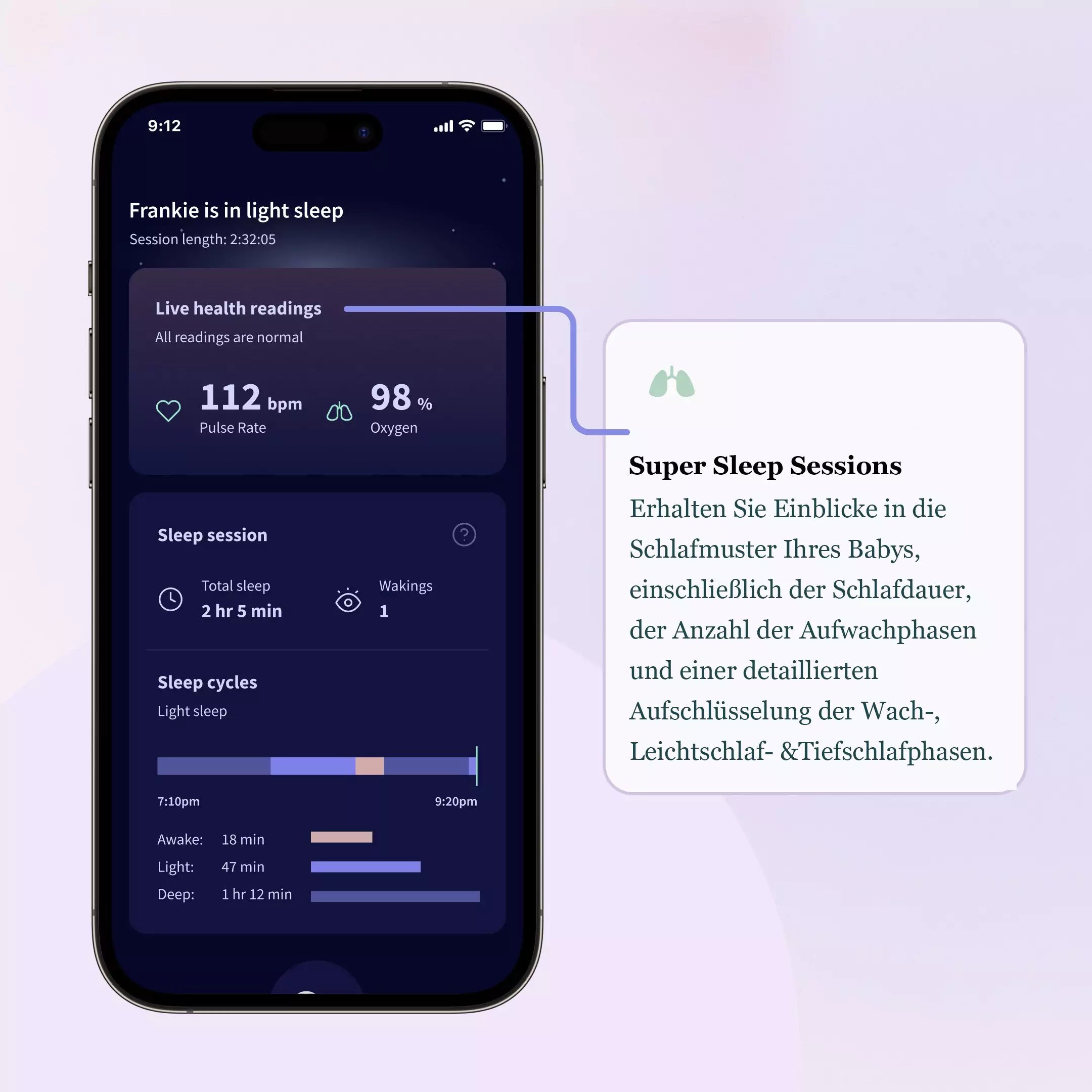 Auf einem Smartphone-Bildschirm wird eine Schlafüberwachungs-App angezeigt, die anzeigt: „Frankie schläft leicht.“ Zu den Messwerten gehören Pulsfrequenz bei 112 und Sauerstoffgehalt bei 98 %. Außerdem werden leichte, tiefe und Wachphasen detailliert beschrieben. Eine Beschreibung auf Deutsch erläutert die Erkenntnisse der Superschlafsitzungen, ideal für die Babyüberwachung mit präzisen Daten.